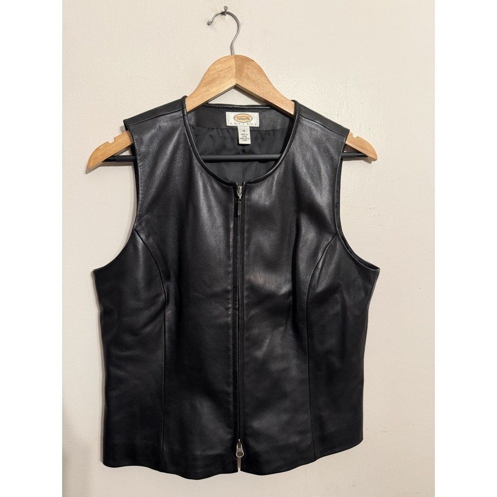 Talbots Vintage Black Leather Vest Double Zip Round Neck Shell Biker Moto 10